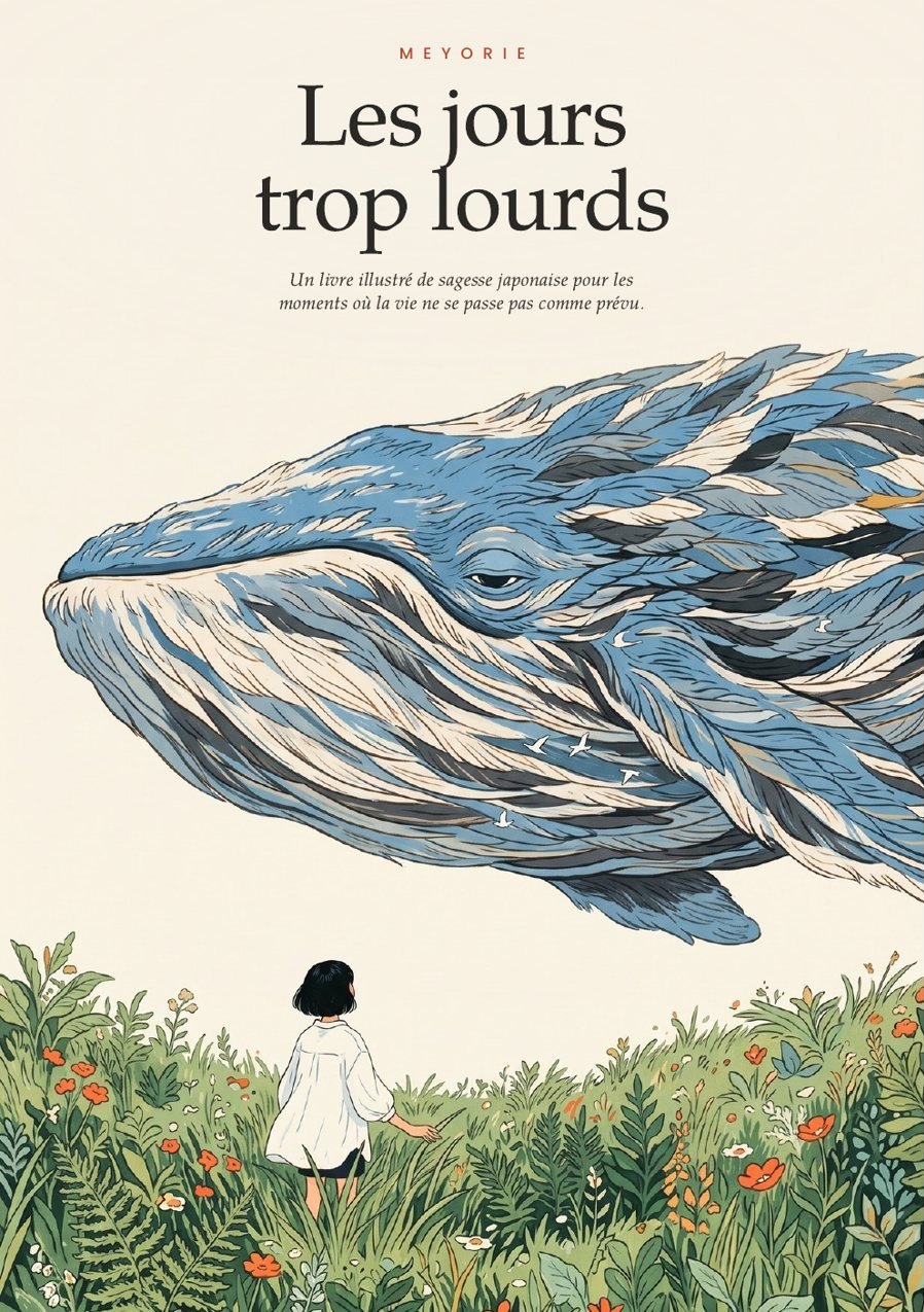 Couverture du livre Les jours trop lourds : une jeune femme dans un champ regarde une immense baleine qui flotte dans le ciel.